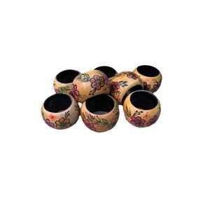 Vtg Set of 8 Hand Painted Wooden Napkin Rings Floral Design Colorful Tropical